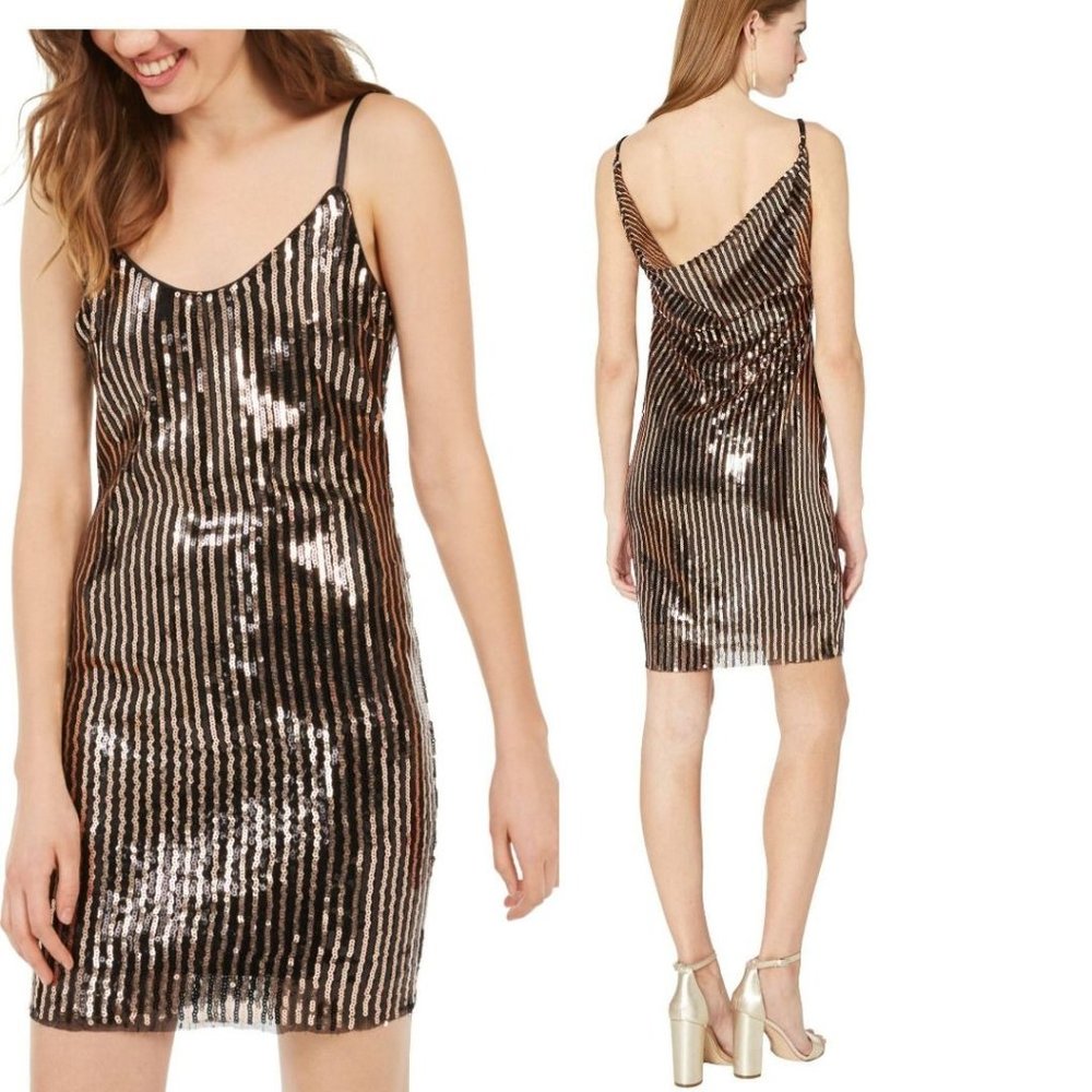 bebe Metallic Sequin Striped Mini Dress - Bronze & Black